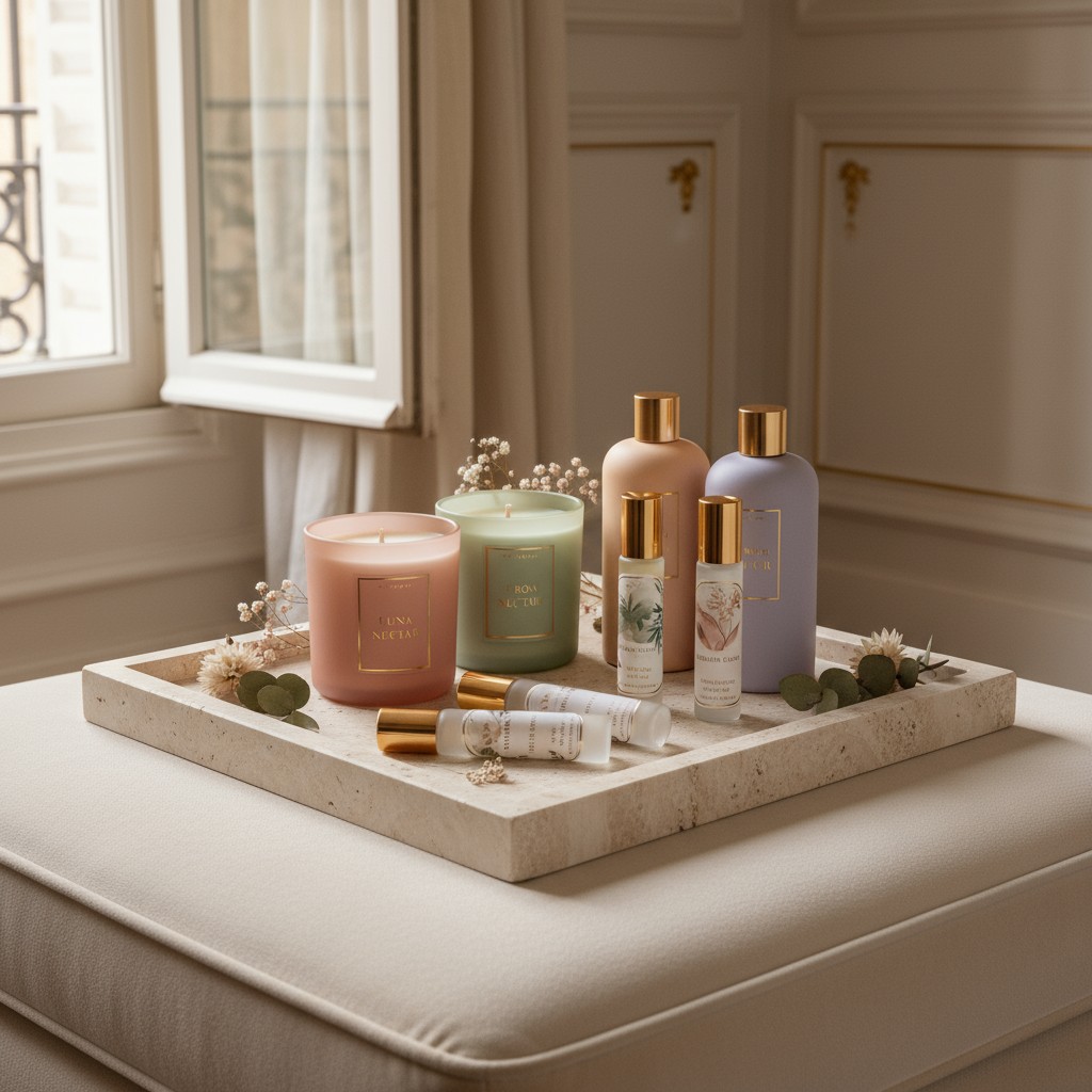 A collection of candles and fragrance bottles arranged on a stone tray, placed on a beige ottoman near a window.