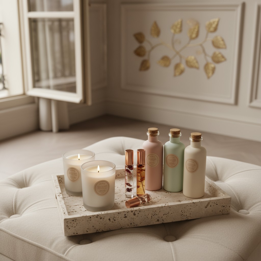 A beige tray holding candles, perfume bottles, on a white upholstered ottoman in an off-white room with gold accent leaves...