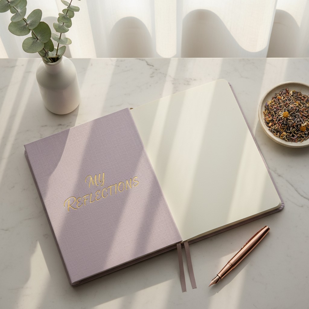 A journal and a pen on a table with a plant in a vase. This is a good opportunity to reflect on your thoughts and experien...